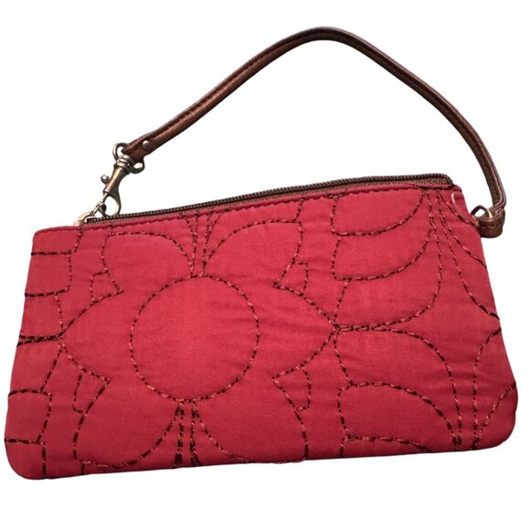 New Fossil Red Quilted Wristlet Purse With Brown Leather Trim & Key Print Lining - Picture 2 of 4